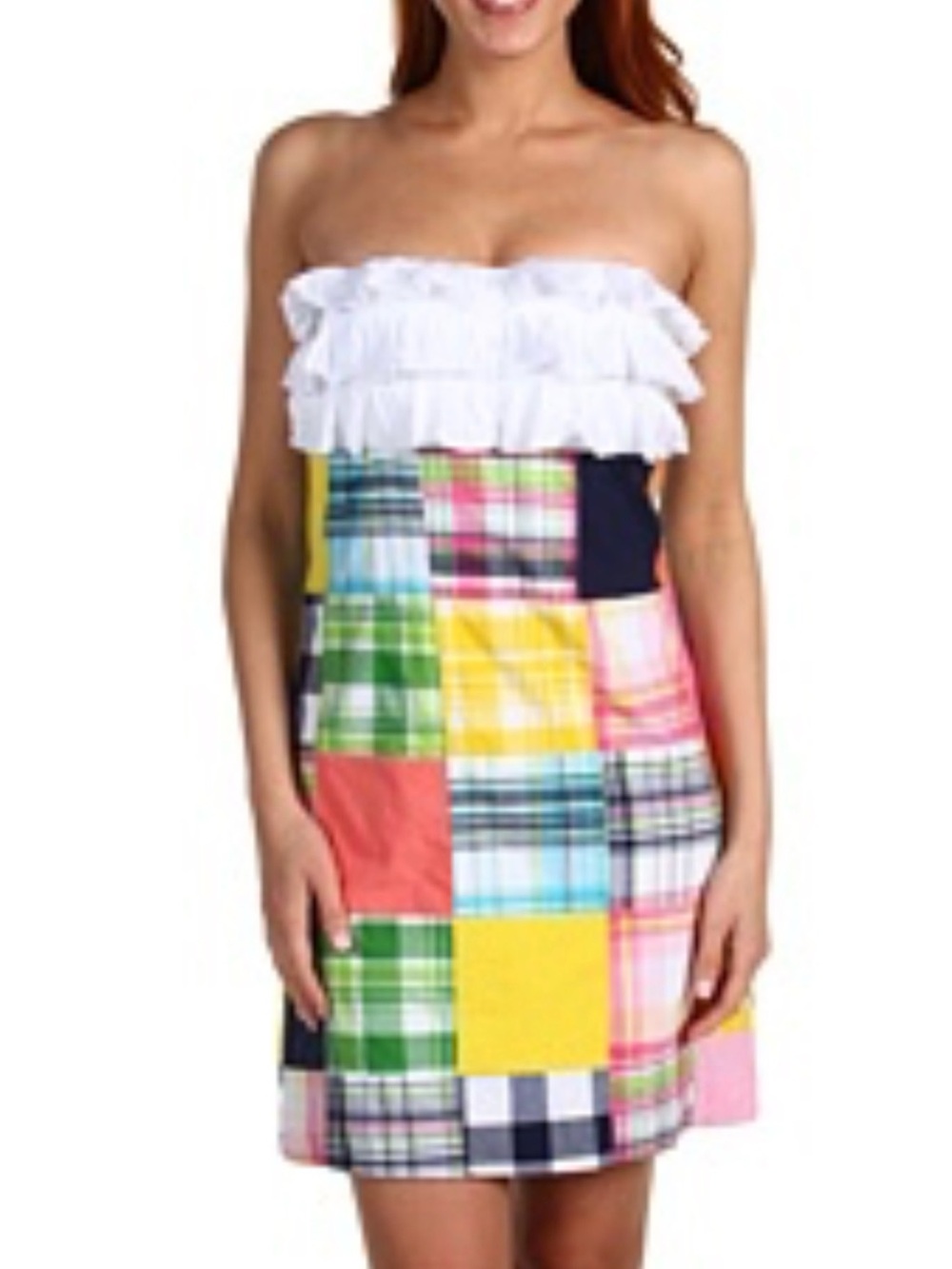 Lilly Pulitzer Strapless ruffle Cameron Madras Patchwork Plaid Mini Dress -